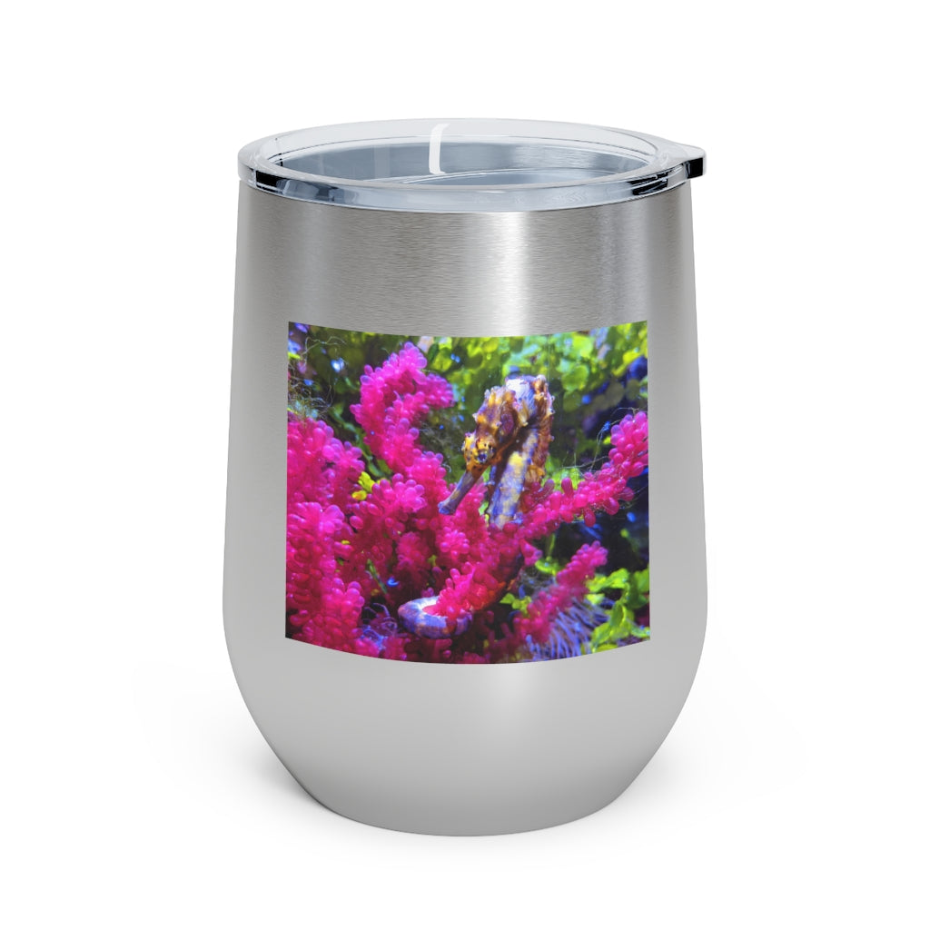 Seahorse 12oz Insulated Wine Tumbler with clear lid, showcasing its sleek stainless steel design and vibrant artwork.