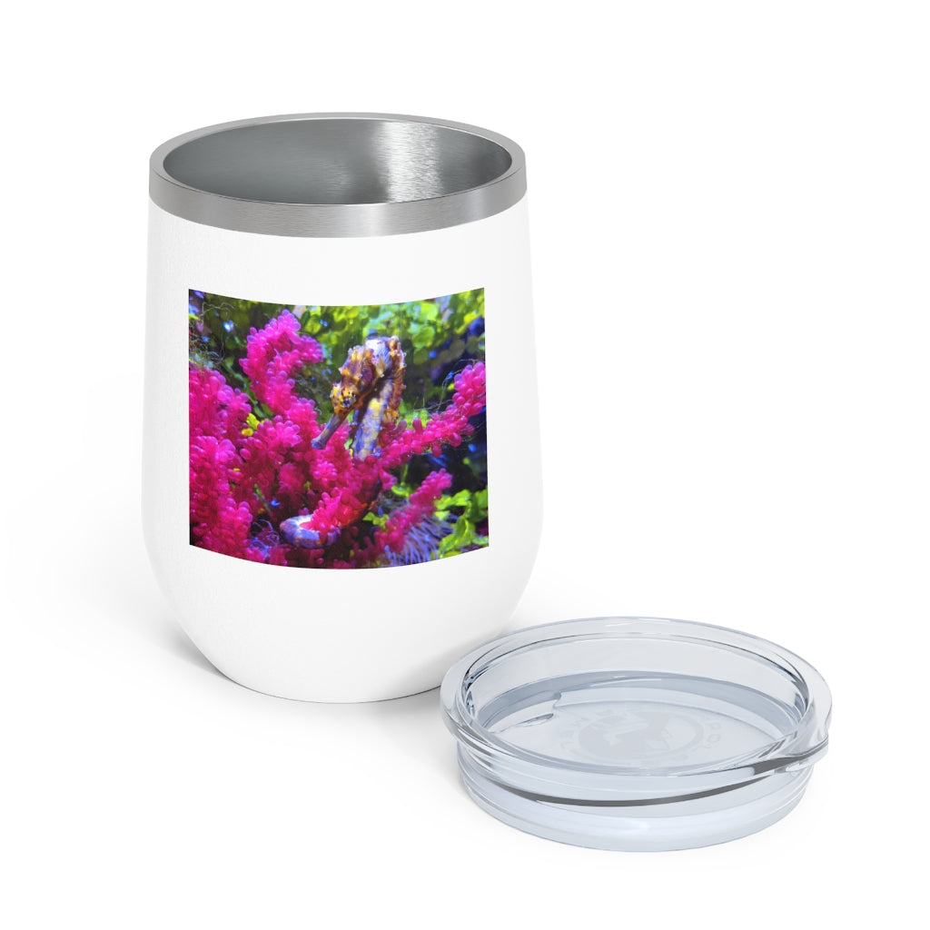 Seahorse 12oz Insulated Wine Tumbler with clear lid, showcasing its sleek stainless steel design and vibrant artwork.