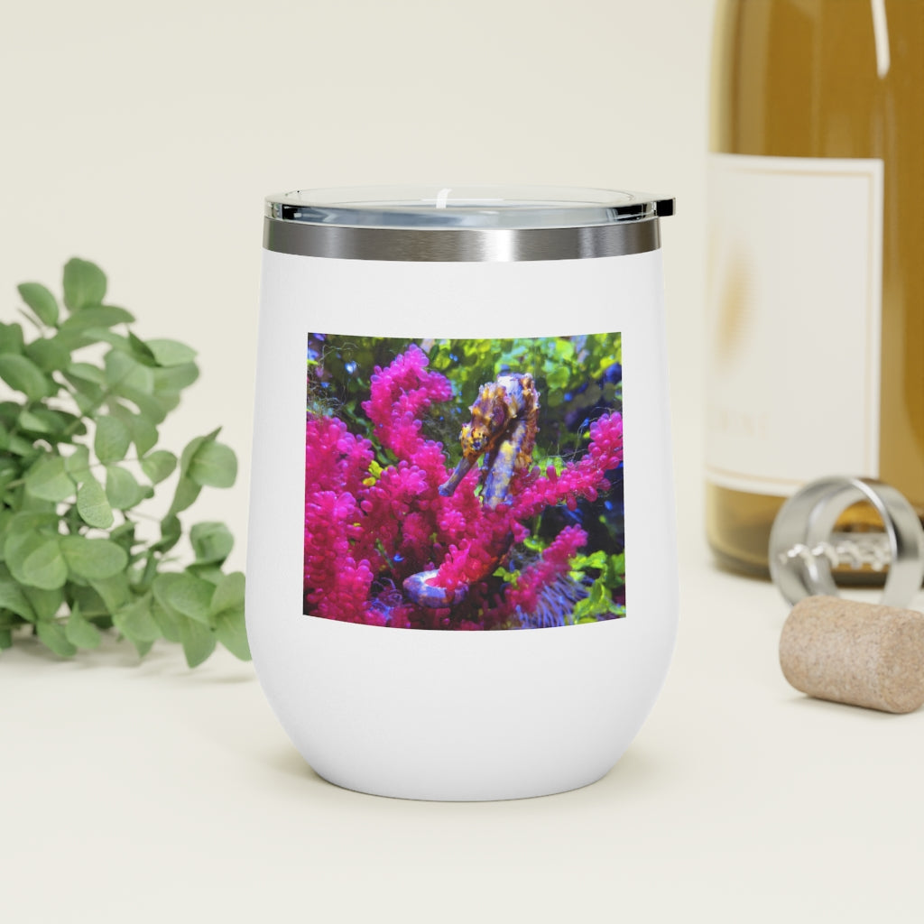 Seahorse 12oz Insulated Wine Tumbler with clear lid, showcasing its sleek stainless steel design and vibrant artwork.