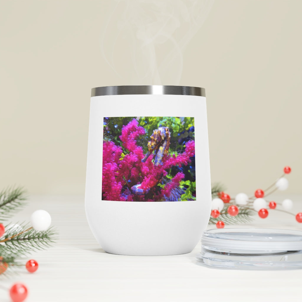 Seahorse 12oz Insulated Wine Tumbler with clear lid, showcasing its sleek stainless steel design and vibrant artwork.