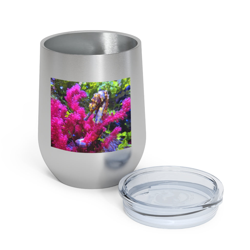 Seahorse 12oz Insulated Wine Tumbler with clear lid, showcasing its sleek stainless steel design and vibrant artwork.