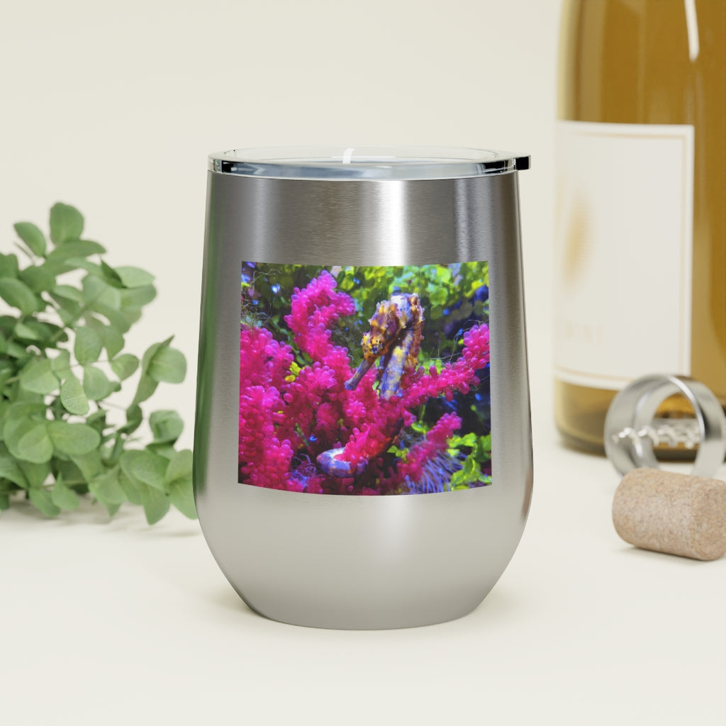 Seahorse 12oz Insulated Wine Tumbler with clear lid, showcasing its sleek stainless steel design and vibrant artwork.