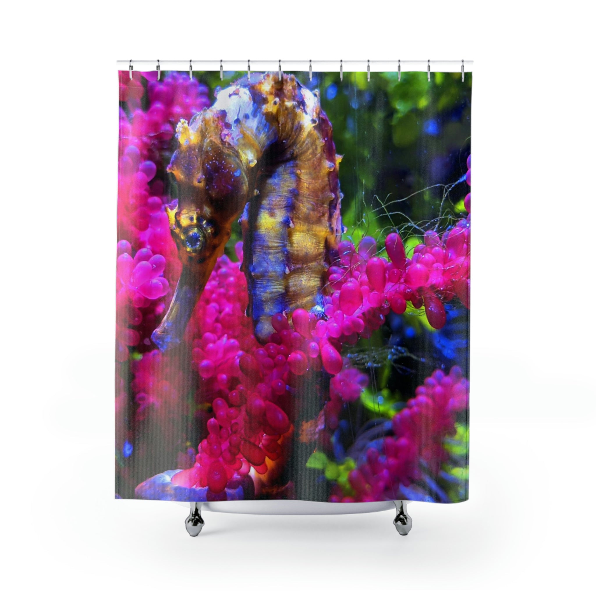 Colorful seahorse design on a durable polyester shower curtain, perfect for bathroom decor.