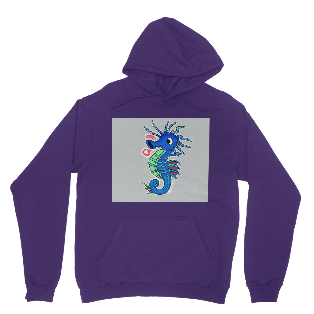 Seahorse Classic Adult Hoodie in various colors, showcasing its soft fabric, double hood, and kangaroo pouch pocket.
