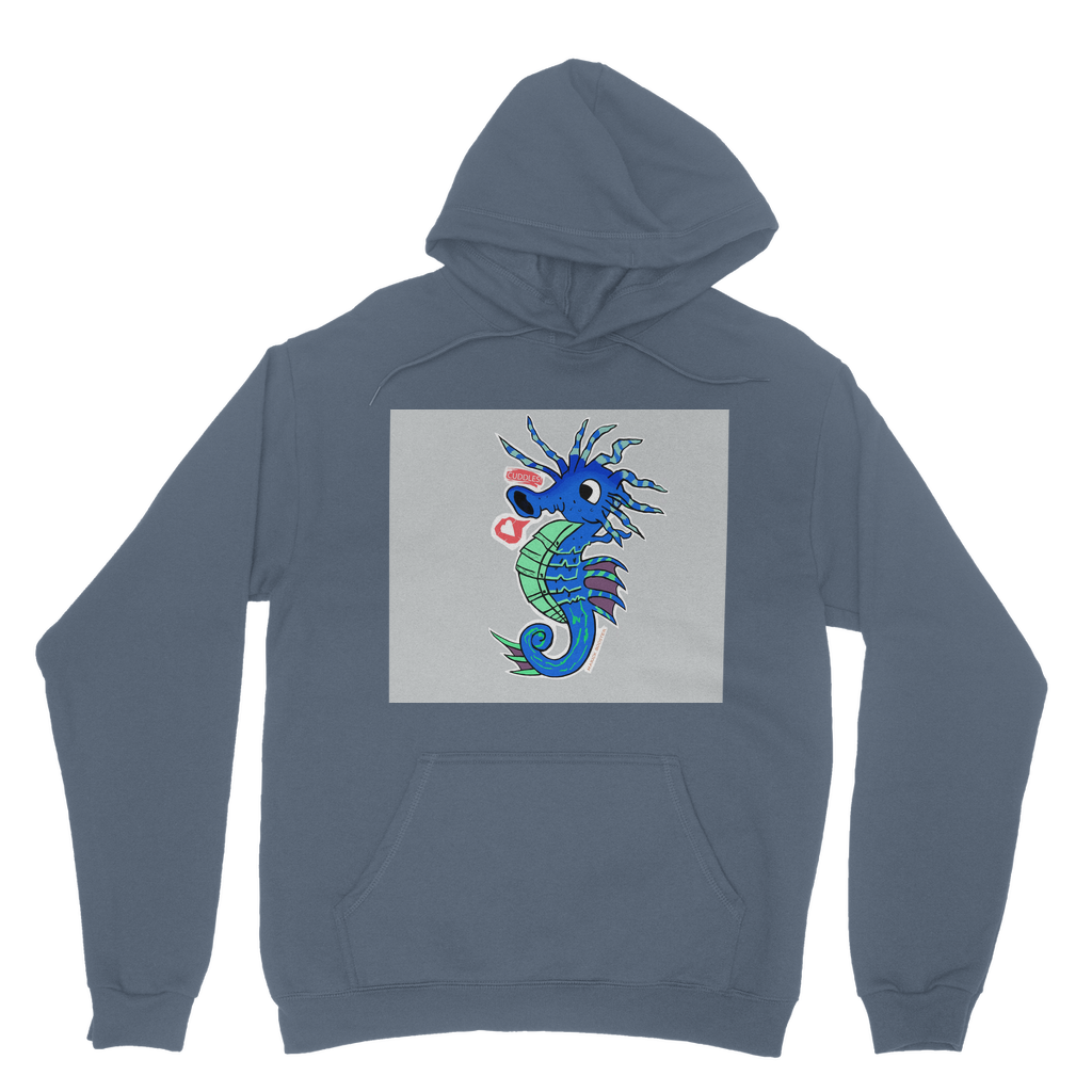 Seahorse Classic Adult Hoodie in various colors, showcasing its soft fabric, double hood, and kangaroo pouch pocket.