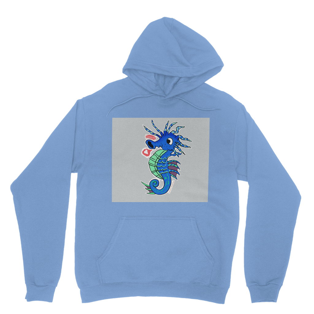 Seahorse Classic Adult Hoodie in various colors, showcasing its soft fabric, double hood, and kangaroo pouch pocket.