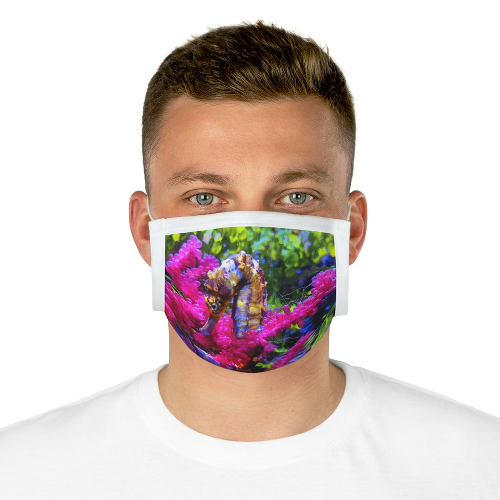 Seahorse Cotton Face Mask featuring a unique seahorse design, made from 100% cotton with adjustable earloops and nose wire.