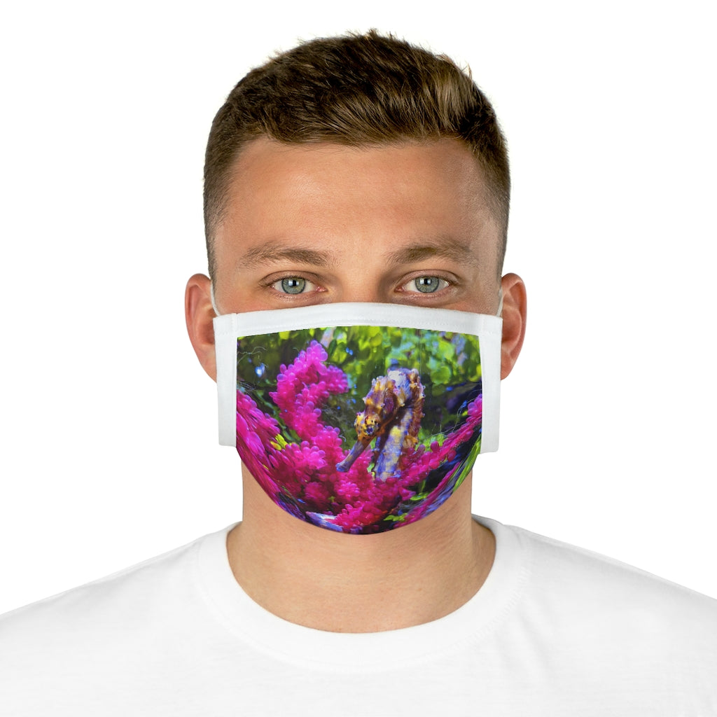 Seahorse Cotton Face Mask featuring a unique seahorse design, made from 100% cotton with adjustable earloops and nose wire.