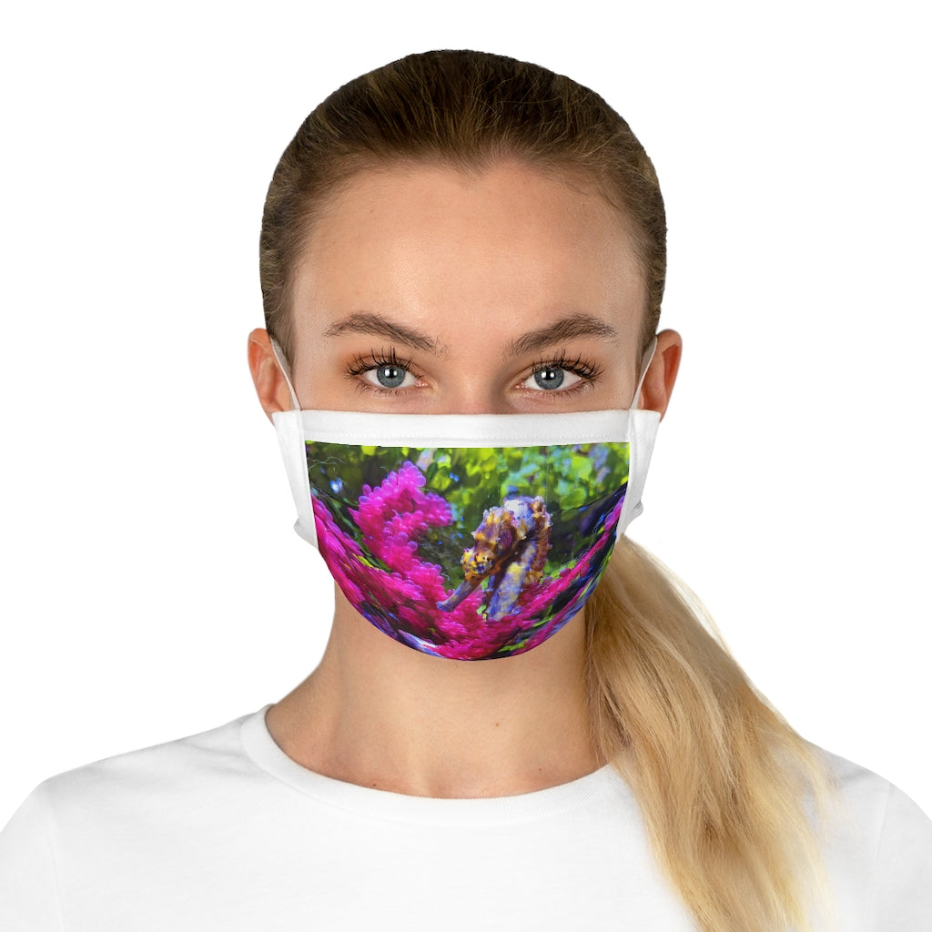 Seahorse Cotton Face Mask featuring a unique seahorse design, made from 100% cotton with adjustable earloops and nose wire.