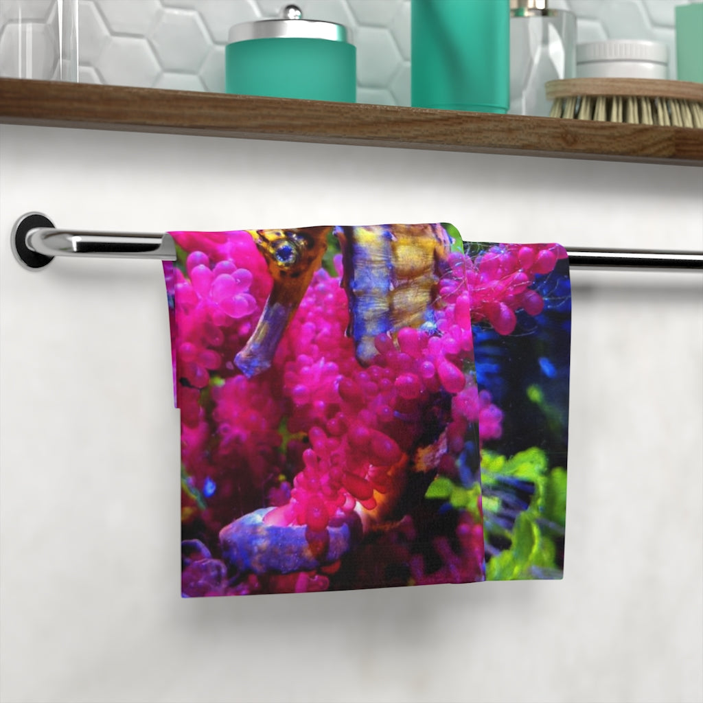A vibrant Seahorse Face Towel featuring a customizable polyester front and soft cotton back, perfect for bathroom use.