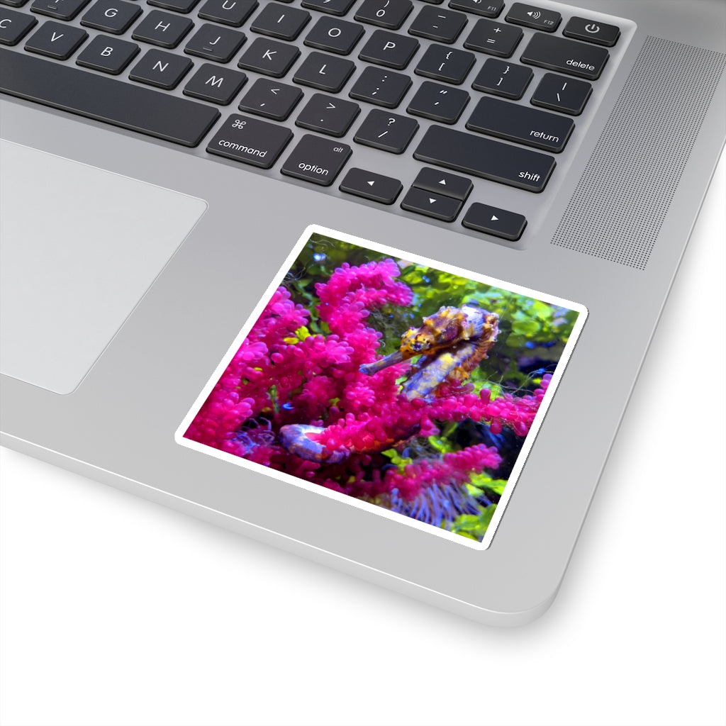 A collection of Seahorse Kiss-Cut Stickers in various shapes and sizes, showcasing their unique designs and peel-off backing.