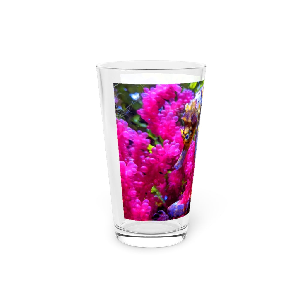 A clear 16oz Seahorse Pint Glass showcasing a unique design, perfect for beverages.