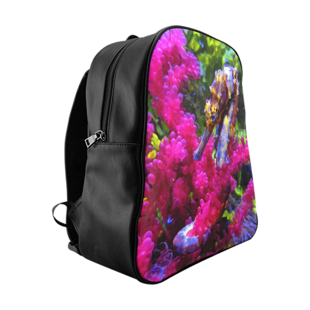 Stylish Seahorse School Backpack made of PU leather with chocolate brown lining and padded back.