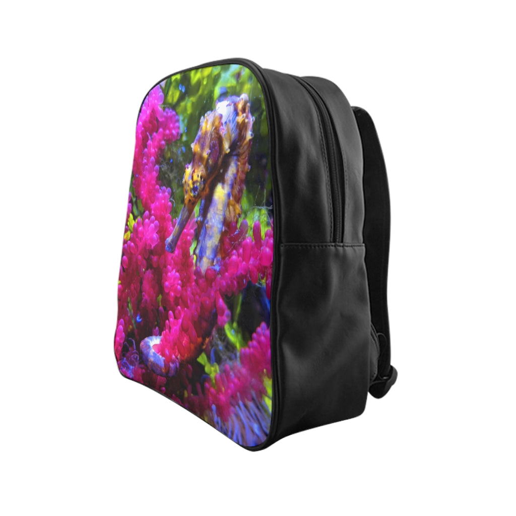 Stylish Seahorse School Backpack made of PU leather with chocolate brown lining and padded back.