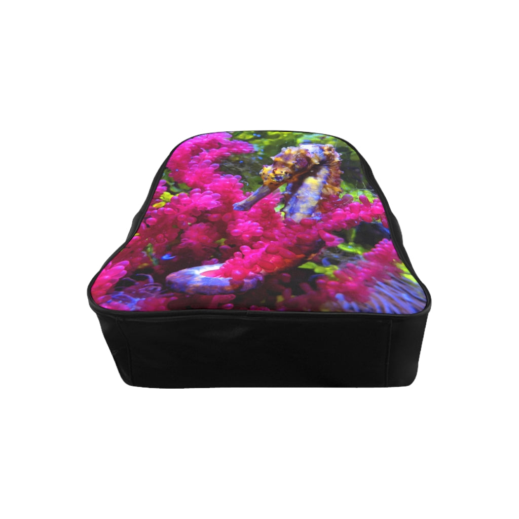 Stylish Seahorse School Backpack made of PU leather with chocolate brown lining and padded back.