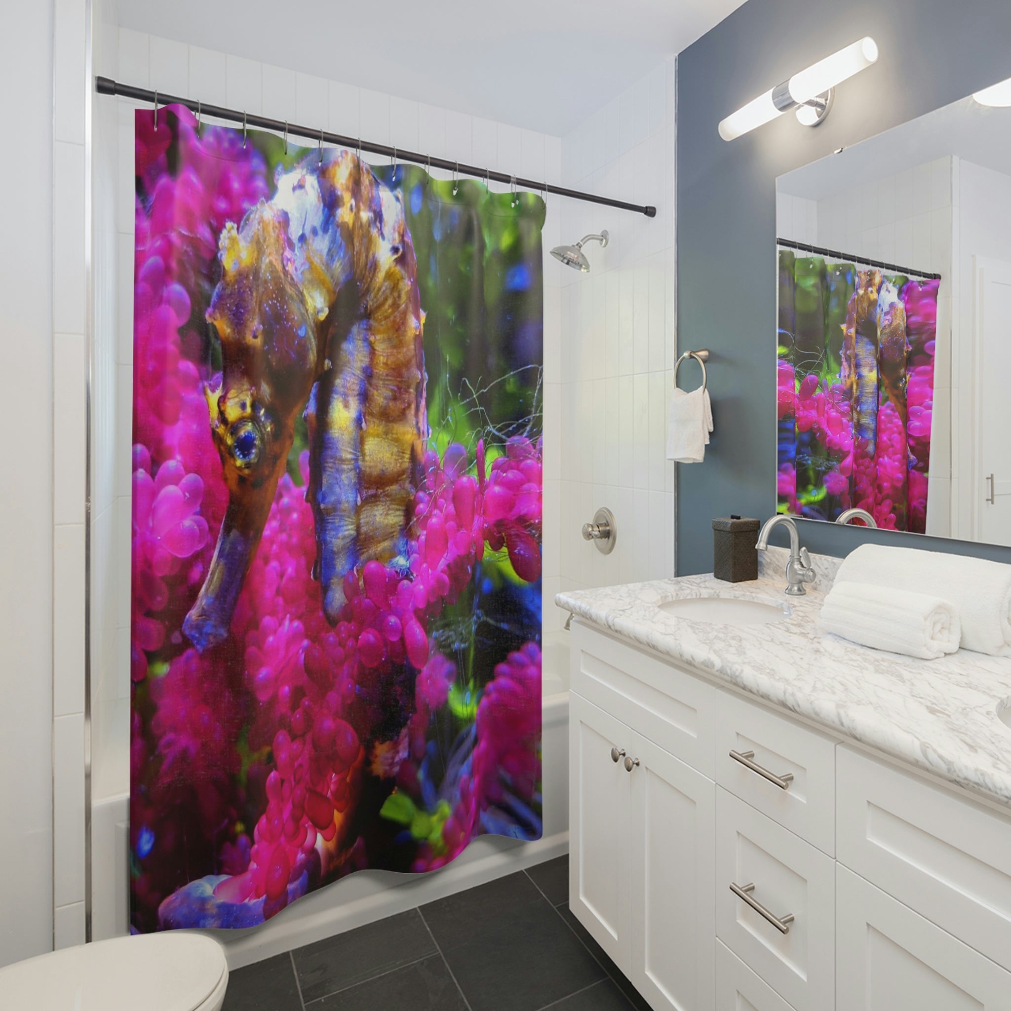 A vibrant seahorse shower curtain featuring a colorful marine design, made from durable polyester, hanging in a stylish bathroom setting.
