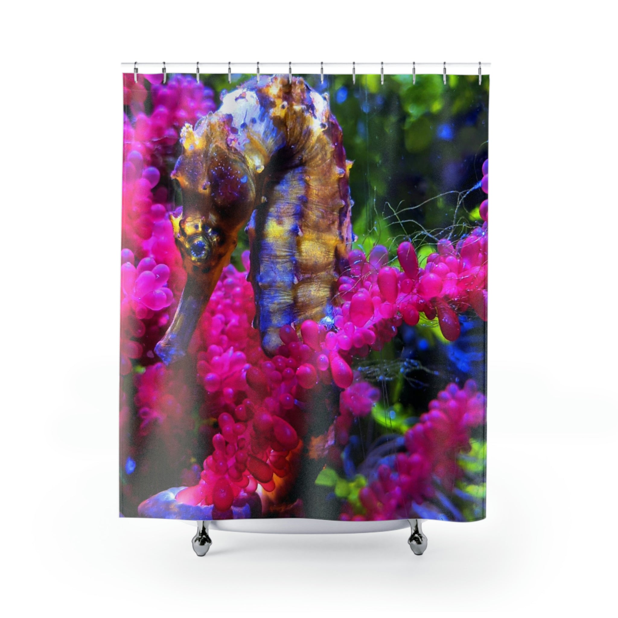 A vibrant seahorse shower curtain featuring a colorful marine design, made from durable polyester, hanging in a stylish bathroom setting.