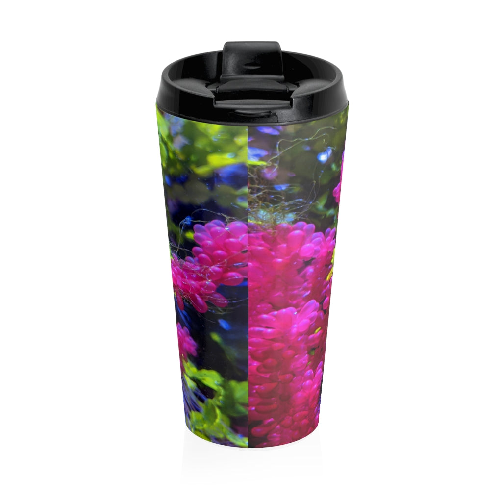 Seahorse Stainless Steel Travel Mug with black lid, showcasing its sleek design and vibrant sublimation print.