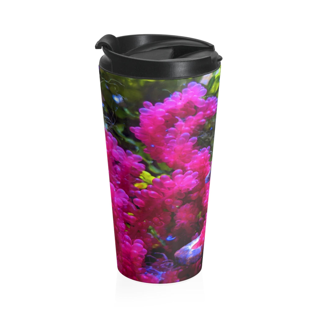 Seahorse Stainless Steel Travel Mug with black lid, showcasing its sleek design and vibrant sublimation print.