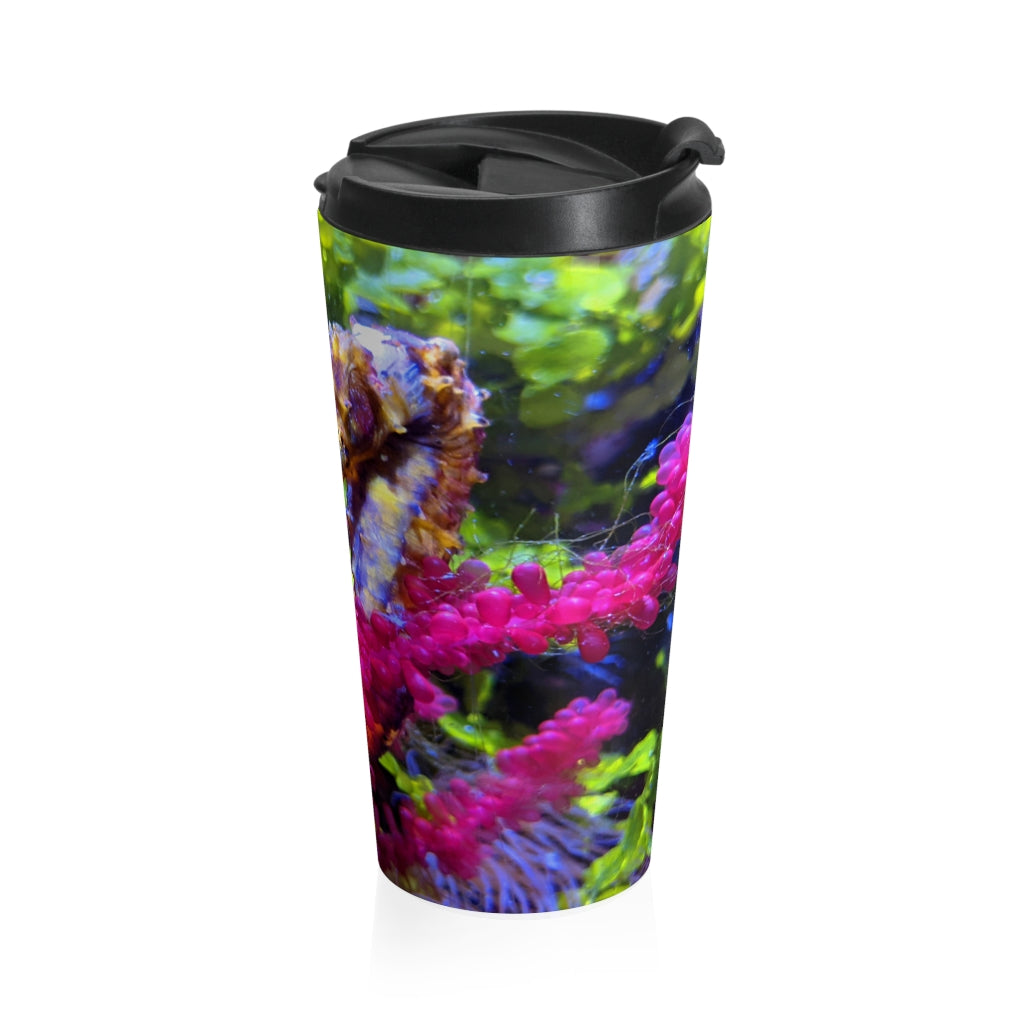 Seahorse Stainless Steel Travel Mug with black lid, showcasing its sleek design and vibrant sublimation print.