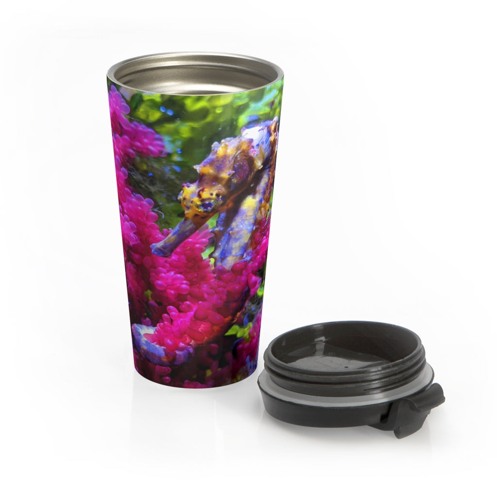 Seahorse Stainless Steel Travel Mug with black lid, showcasing its sleek design and vibrant sublimation print.