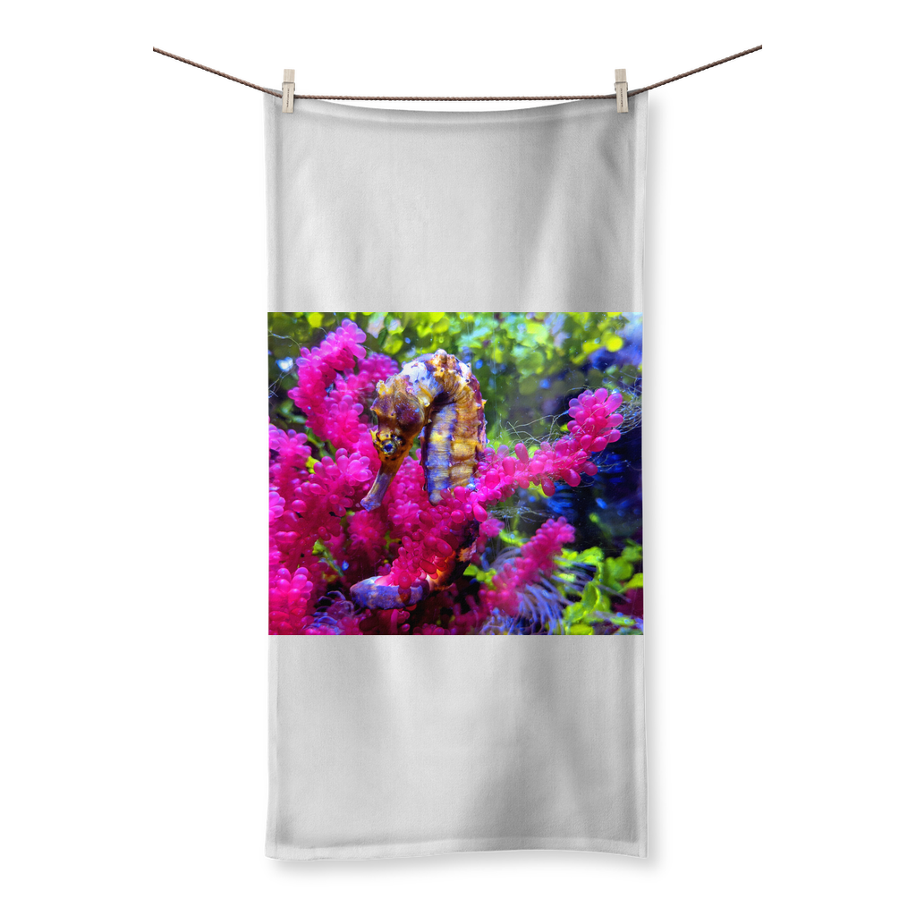 Seahorse Sublimation All Over Towel featuring vibrant colors and a soft cotton backing, ideal for beach and bath use.