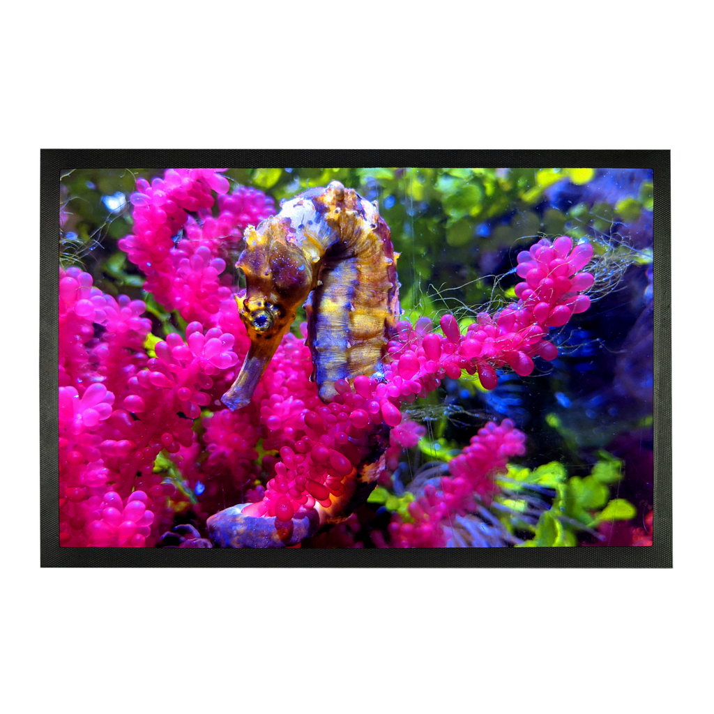 Seahorse Sublimation Doormat showcasing a vibrant seahorse design on a durable rubber base, perfect for personalized home decor.