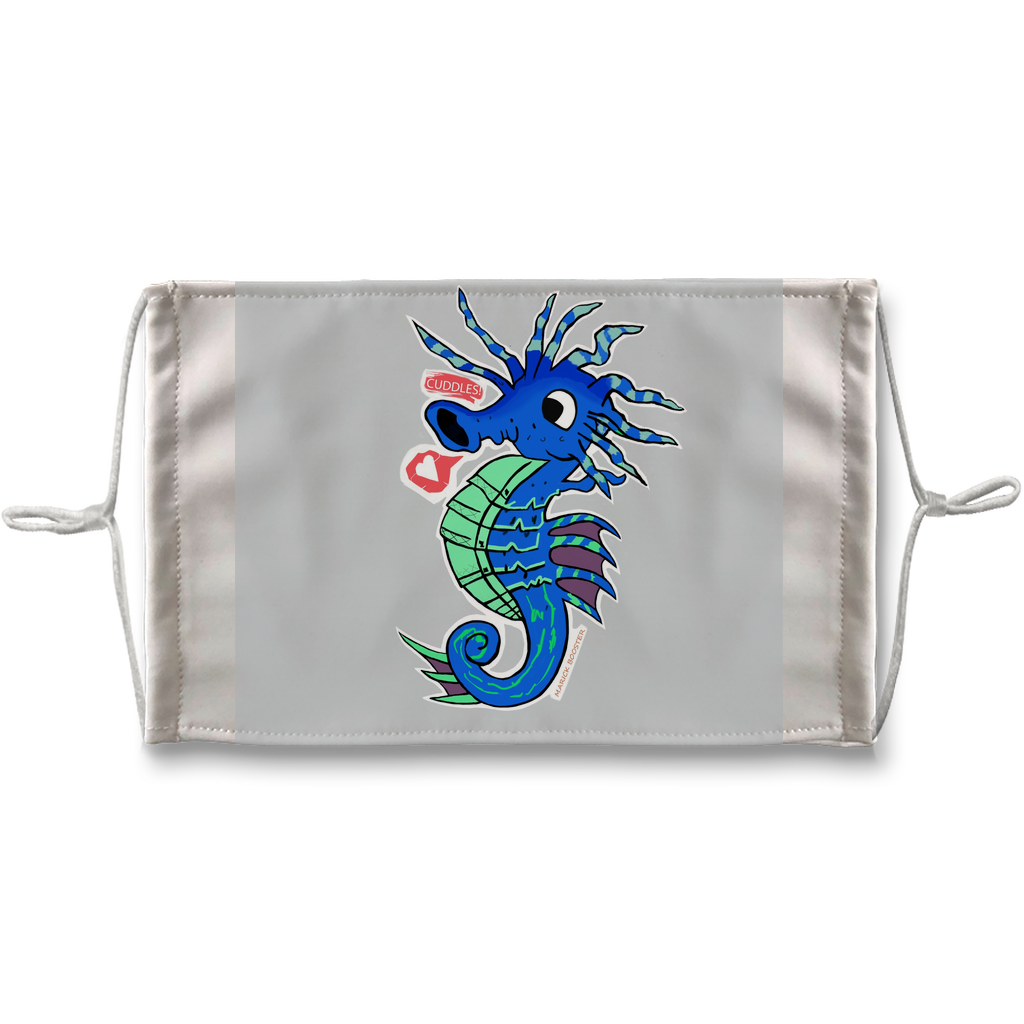 Seahorse sublimation face mask with adjustable ear loops and 10 replacement filters, showcasing vibrant colors and unique design.