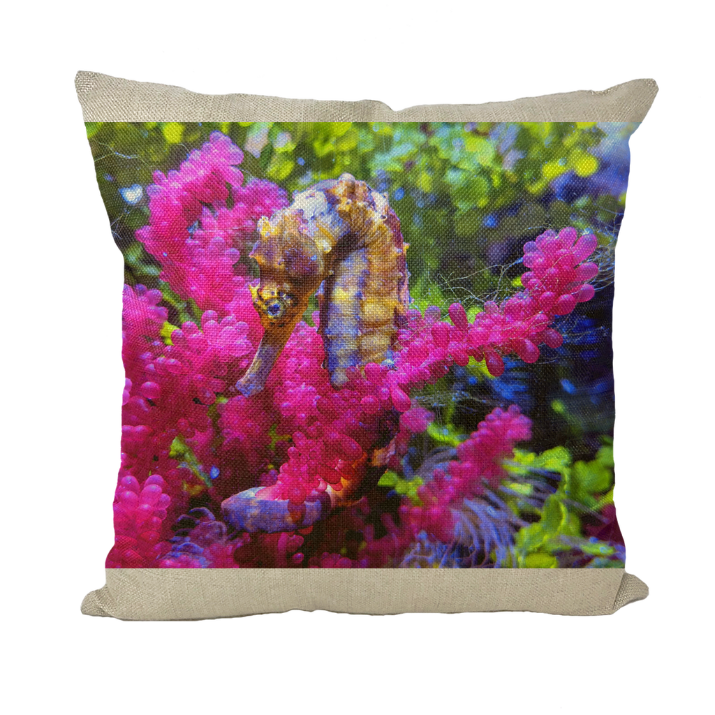 Seahorse throw pillows in various styles and colors, showcasing unique designs and high-quality materials.