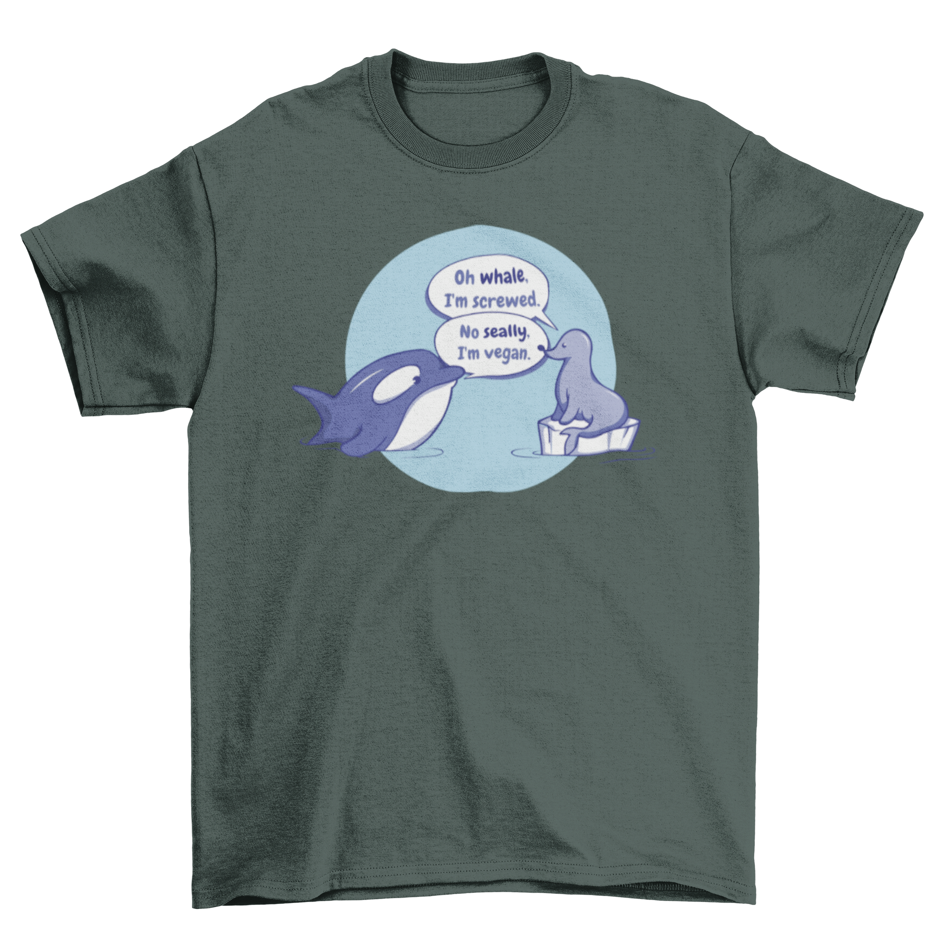 A playful t-shirt featuring a cute dialogue between a whale and a seal, designed for animal lovers.