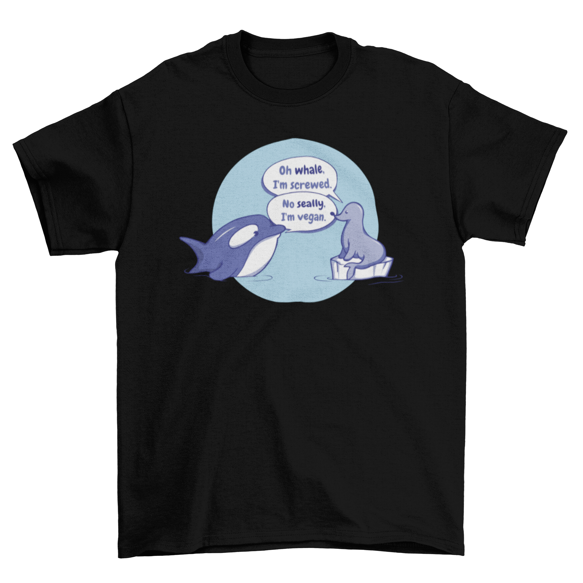 A playful t-shirt featuring a cute dialogue between a whale and a seal, designed for animal lovers.