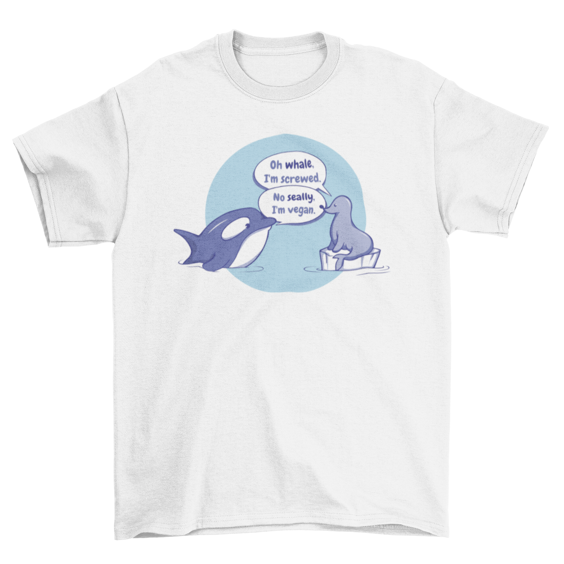 A playful t-shirt featuring a cute dialogue between a whale and a seal, designed for animal lovers.