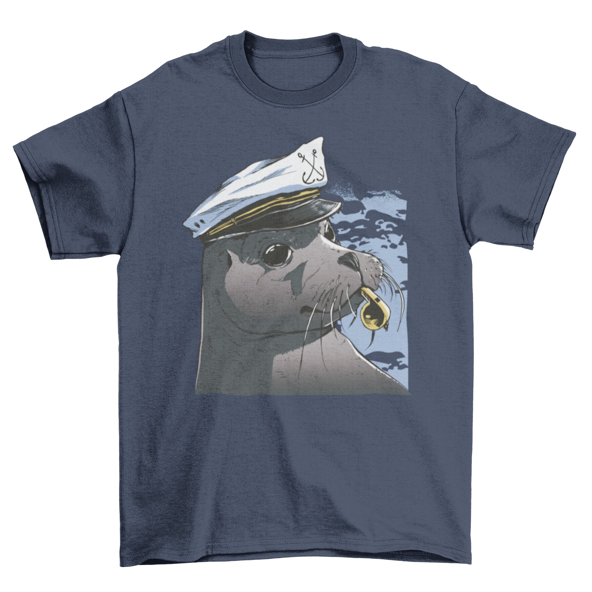 A cute t-shirt featuring a seal wearing a captain's hat and a whistle, perfect for ocean lovers.