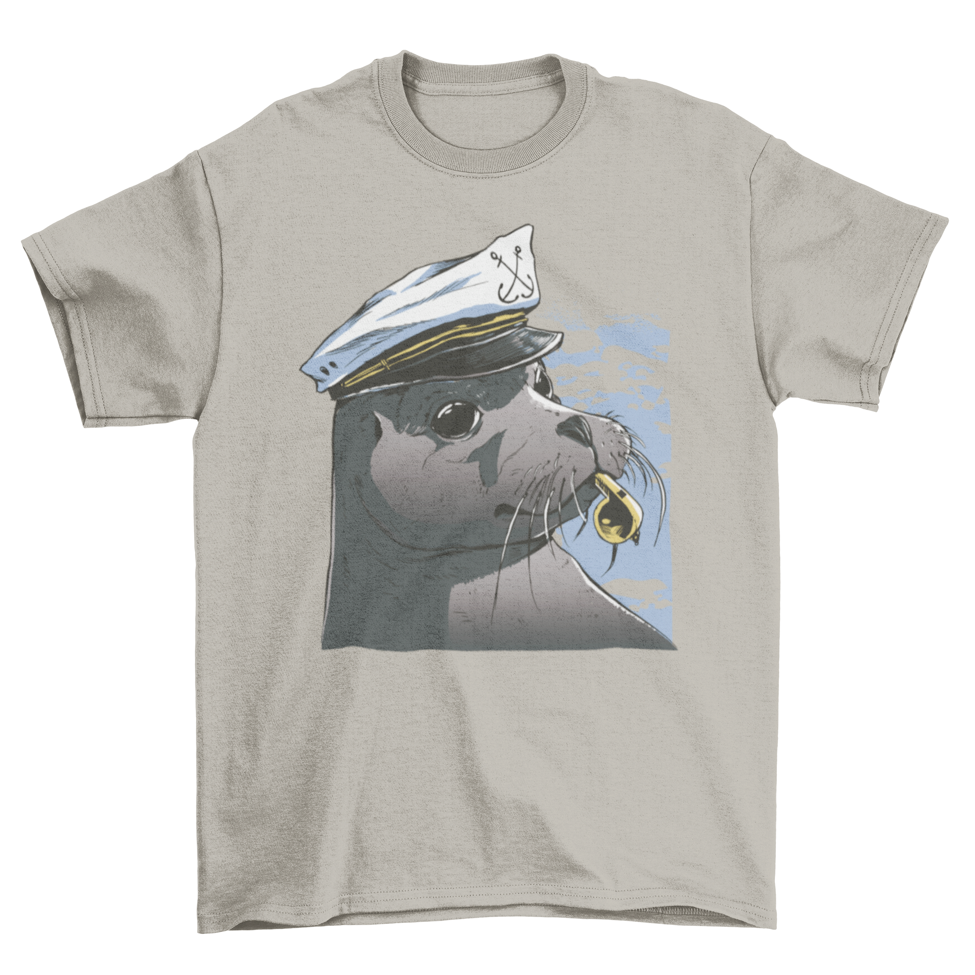 A cute t-shirt featuring a seal wearing a captain's hat and a whistle, perfect for ocean lovers.