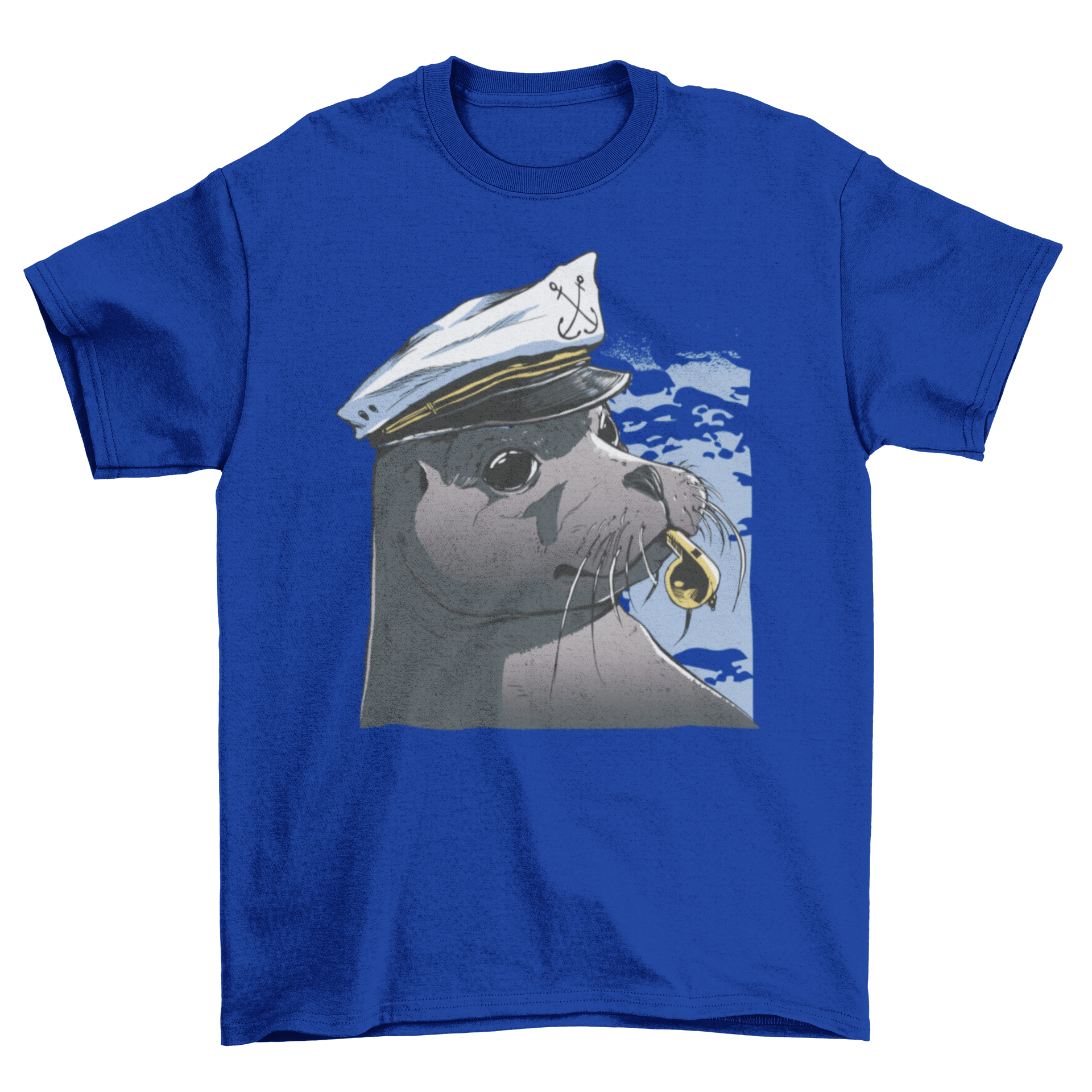 A cute t-shirt featuring a seal wearing a captain's hat and a whistle, perfect for ocean lovers.