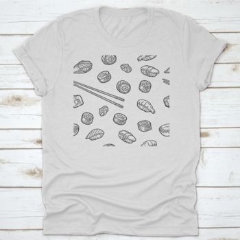 Seamless pattern fabric featuring sushi elements like nigiri, maki, and chopsticks, perfect for sewing projects.