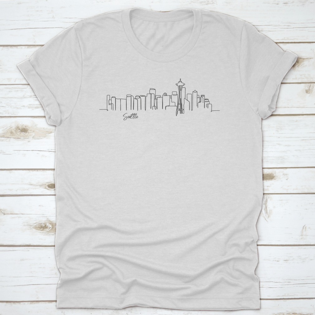 A continuous one line drawing of the Seattle city skyline featuring iconic landmarks like the Space Needle, showcasing a minimalist artistic style.