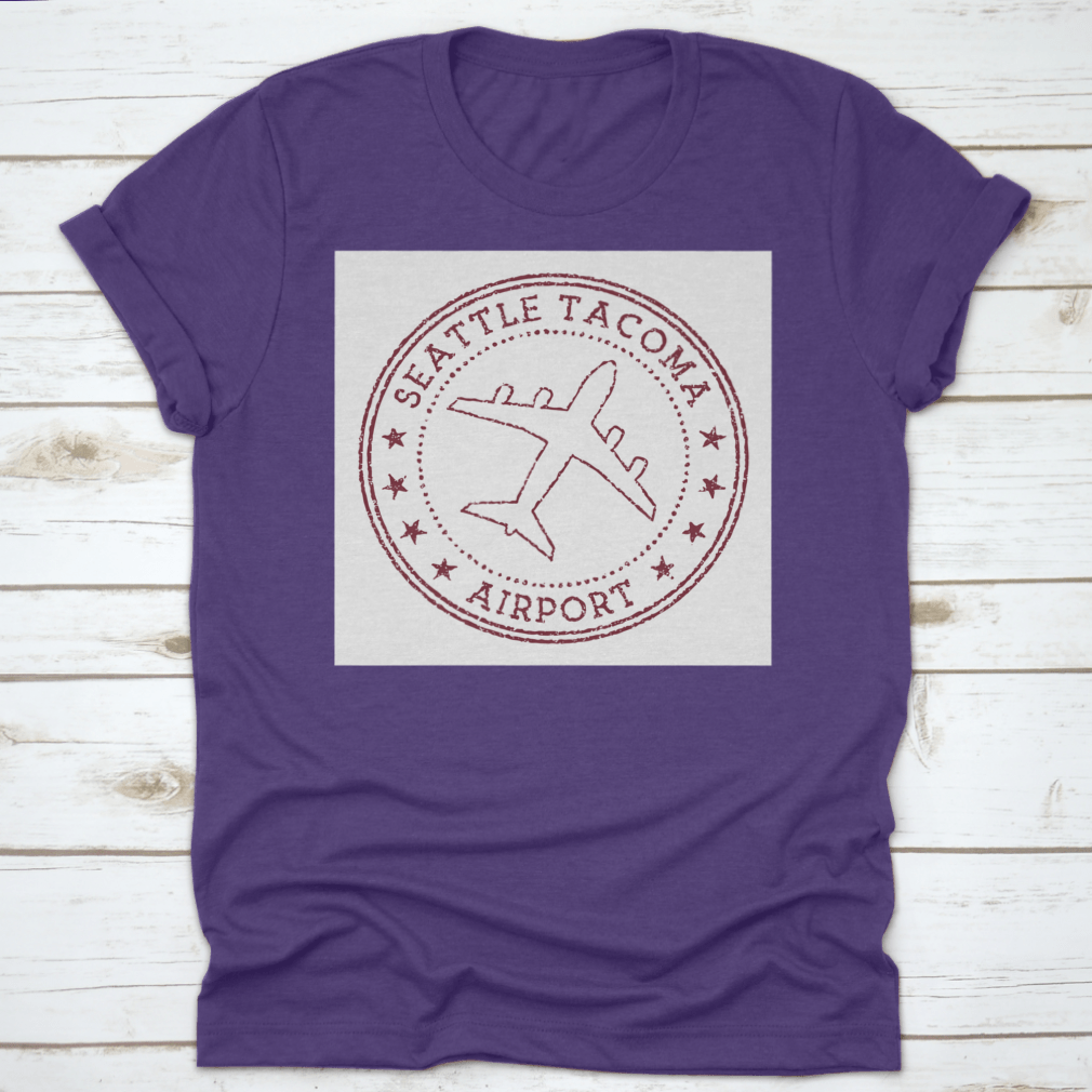 Seattle Tacoma Airport Stamp t-shirt featuring a rusty round airplane logo, made from 100% cotton for comfort.