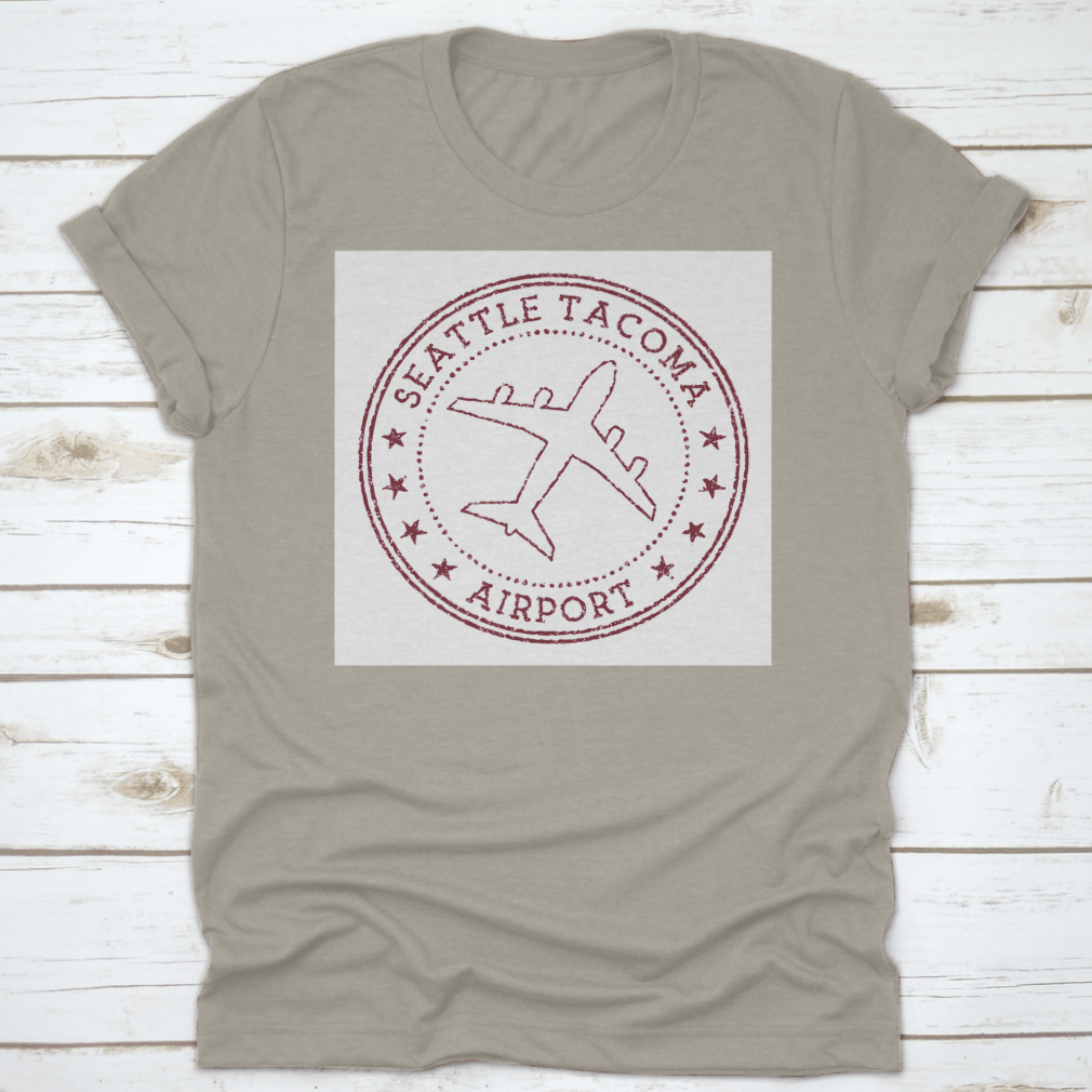 Seattle Tacoma Airport Stamp t-shirt featuring a rusty round airplane logo, made from 100% cotton for comfort.