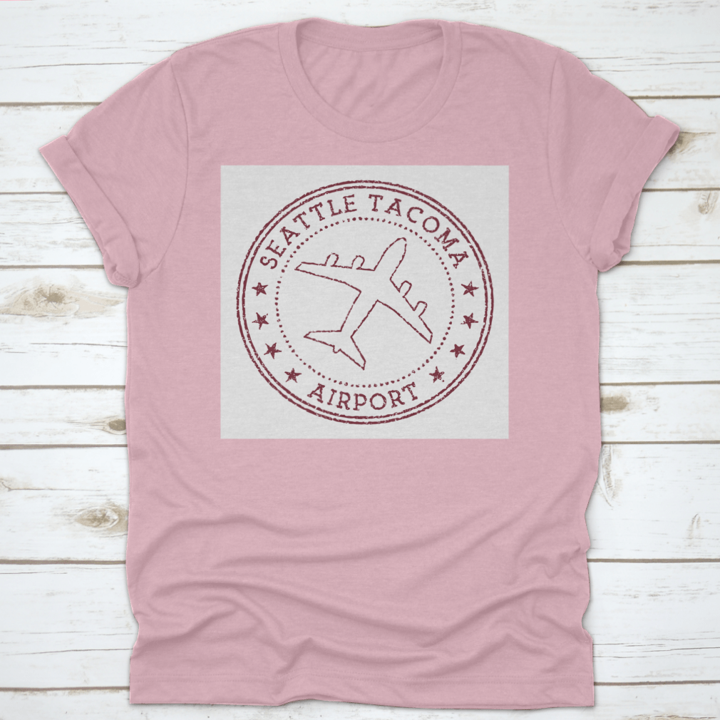 Seattle Tacoma Airport Stamp t-shirt featuring a rusty round airplane logo, made from 100% cotton for comfort.