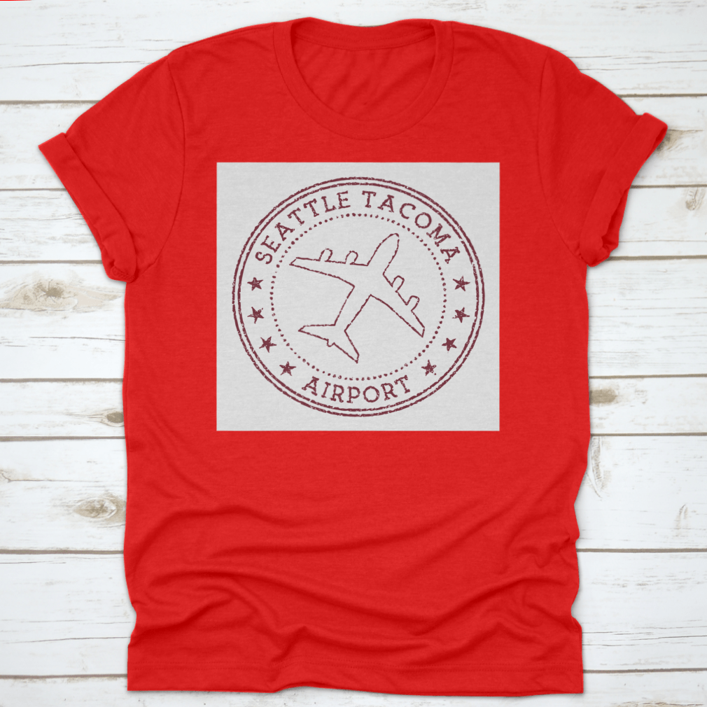 Seattle Tacoma Airport Stamp t-shirt featuring a rusty round airplane logo, made from 100% cotton for comfort.