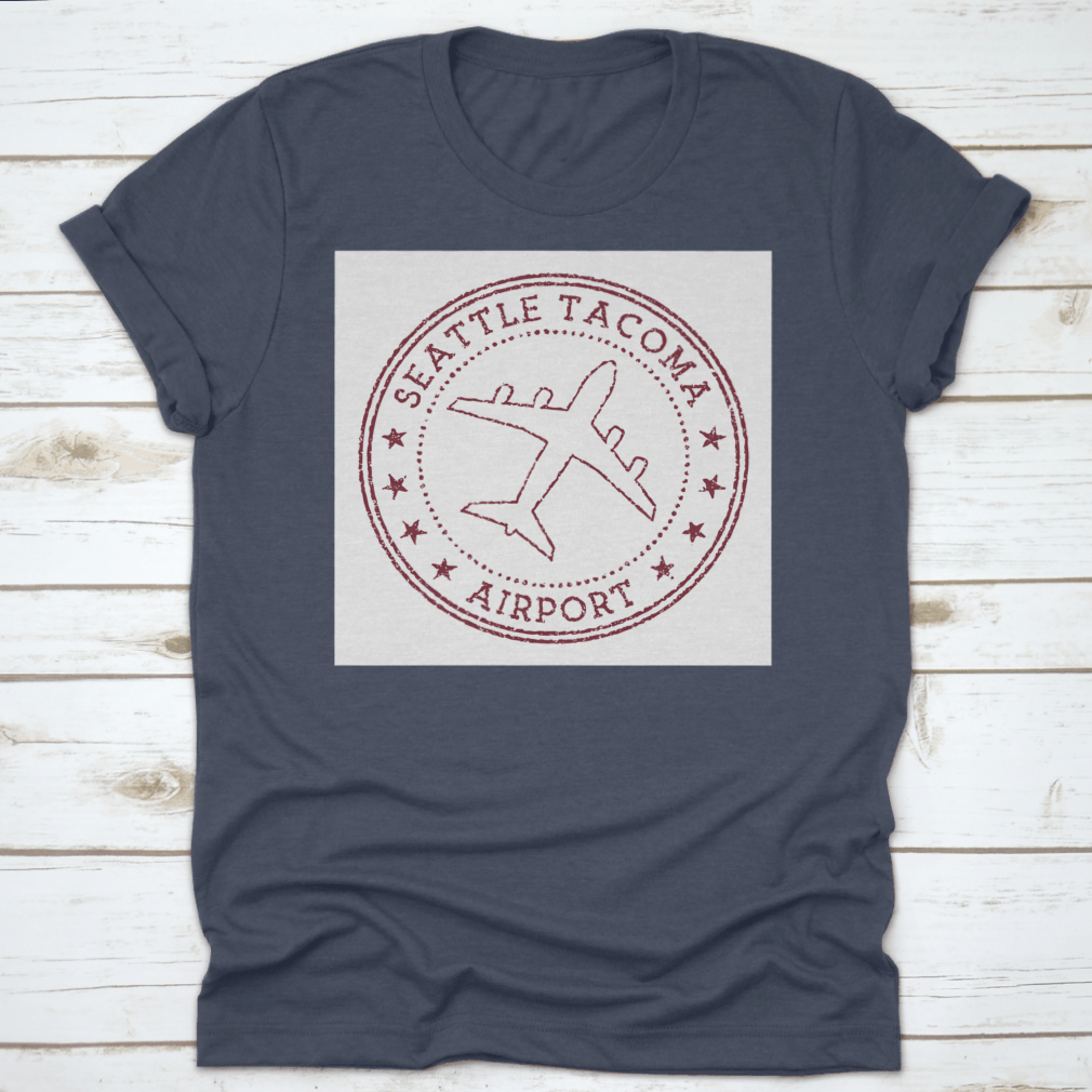 Seattle Tacoma Airport Stamp t-shirt featuring a rusty round airplane logo, made from 100% cotton for comfort.