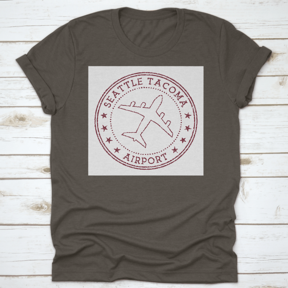 Seattle Tacoma Airport Stamp t-shirt featuring a rusty round airplane logo, made from 100% cotton for comfort.