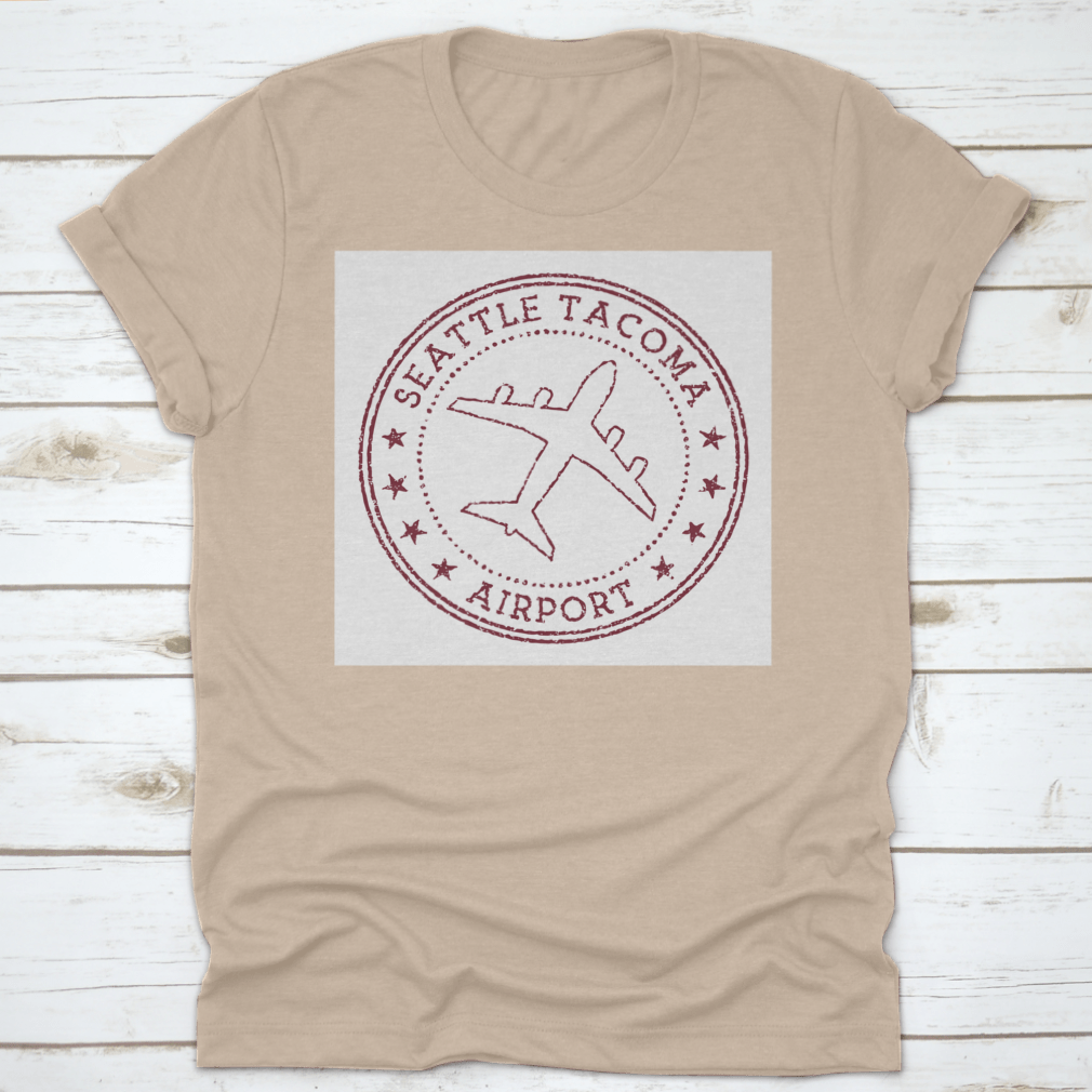 Seattle Tacoma Airport Stamp t-shirt featuring a rusty round airplane logo, made from 100% cotton for comfort.