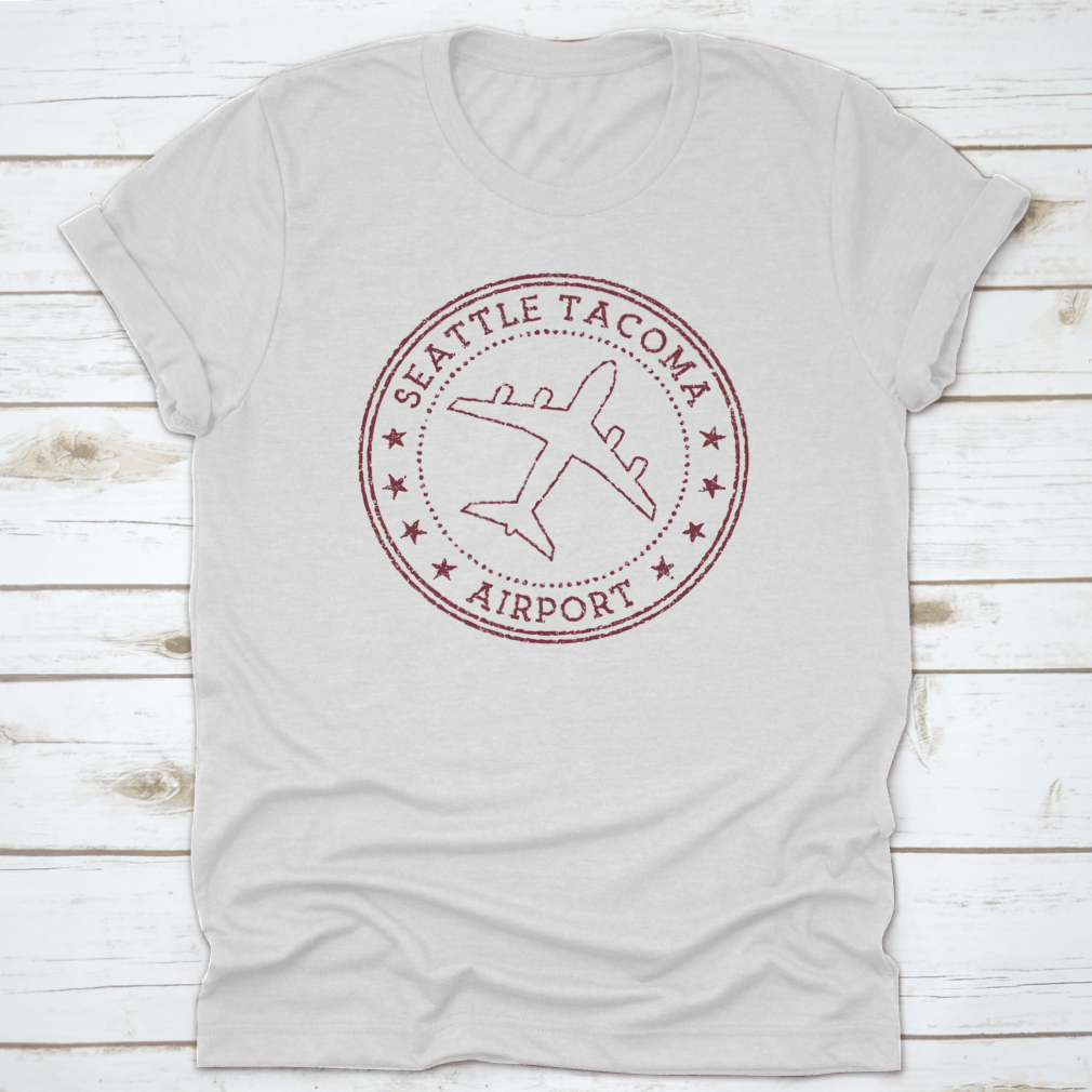 Seattle Tacoma Airport Stamp t-shirt featuring a rusty round airplane logo, made from 100% cotton for comfort.
