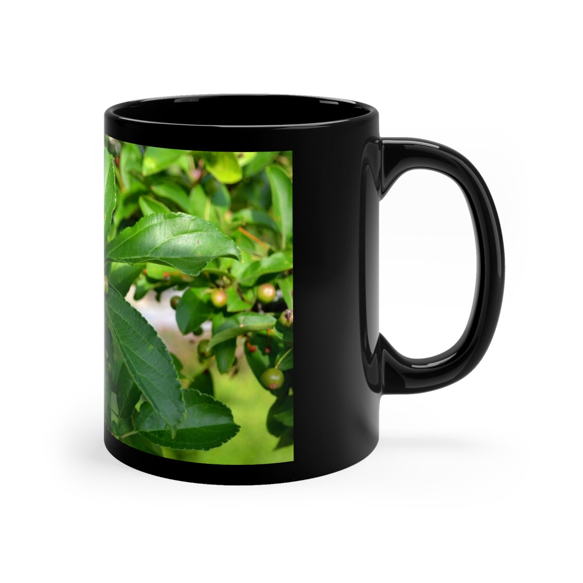 A stylish 11oz black ceramic mug with a C-handle, perfect for coffee, tea, or hot chocolate, featuring customizable designs.