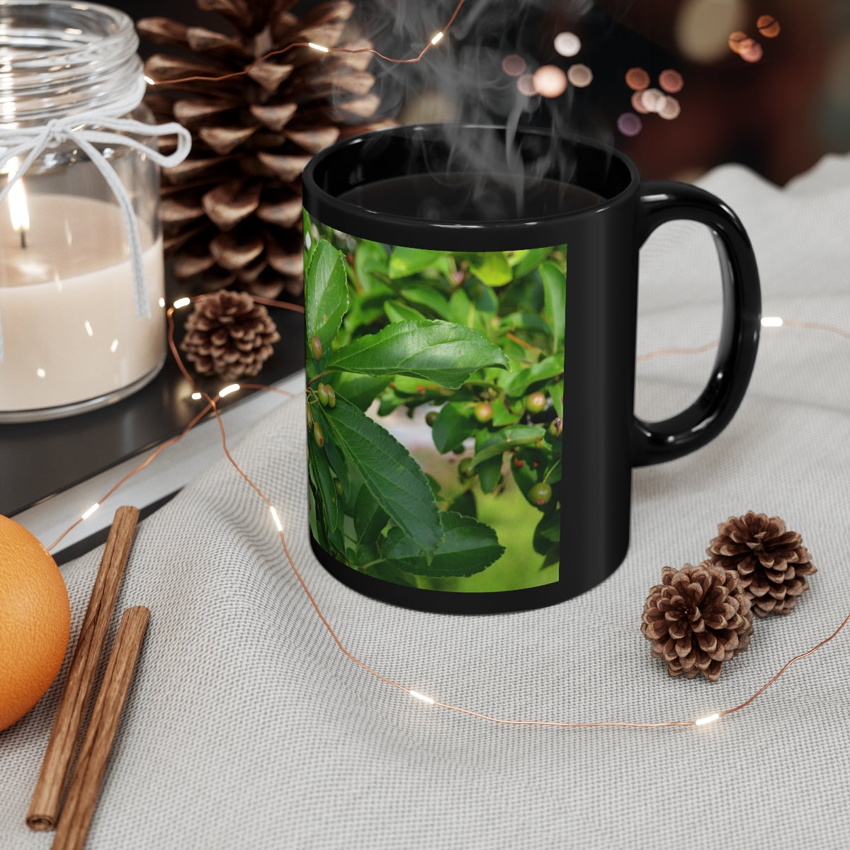 A stylish 11oz black ceramic mug with a C-handle, perfect for coffee, tea, or hot chocolate, featuring customizable designs.