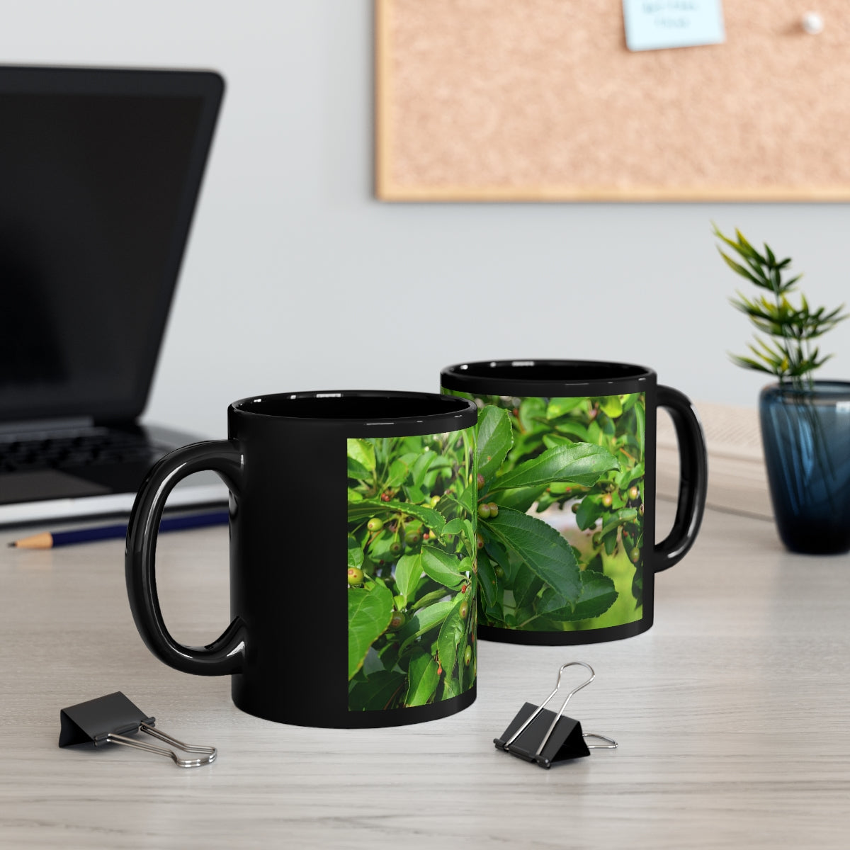 A stylish 11oz black ceramic mug with a C-handle, perfect for coffee, tea, or hot chocolate, featuring customizable designs.