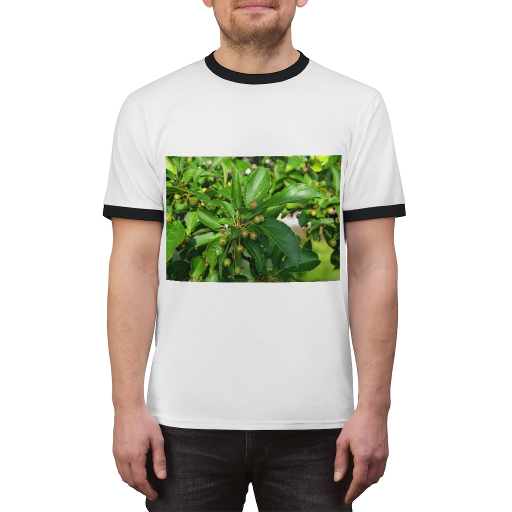 Seeds and Green Leaves Unisex Ringer Tee showcasing its lightweight fabric and stylish design in various colors.