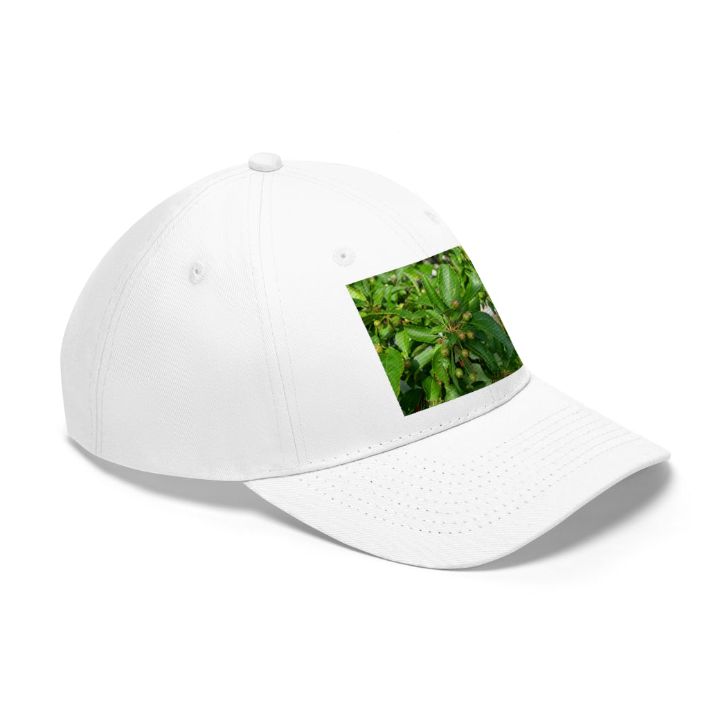 Seeds and Green Leaves Unisex Twill Hat showcasing a classic 6-panel design in durable cotton twill, featuring an adjustable Velcro closure.
